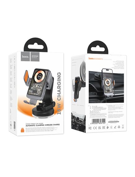 Suport Auto cu incarcare Wireless, 15W,cu cleme laterale, montaj Bord, cablu USB-C, 1m, AutoSensor Lock, GRA