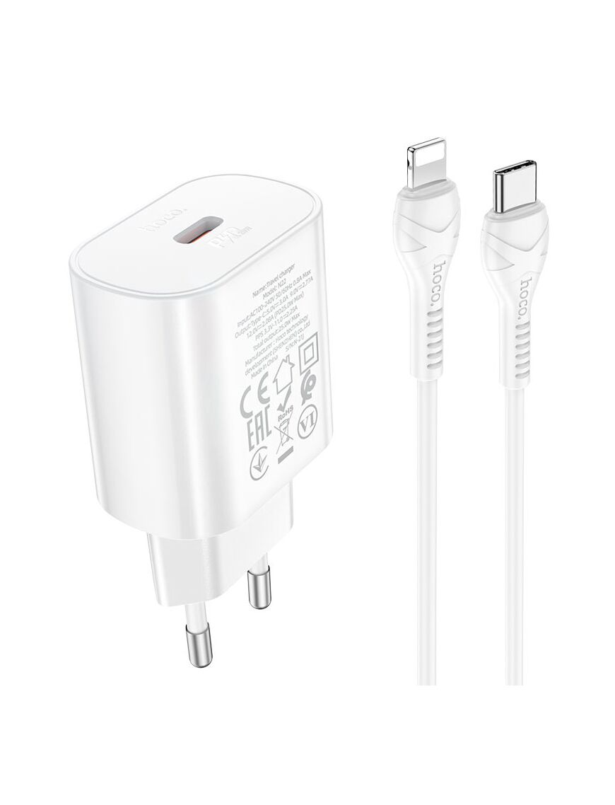 Încărcător de Retea USB-C Hoco 25W + Cablu Lightning White