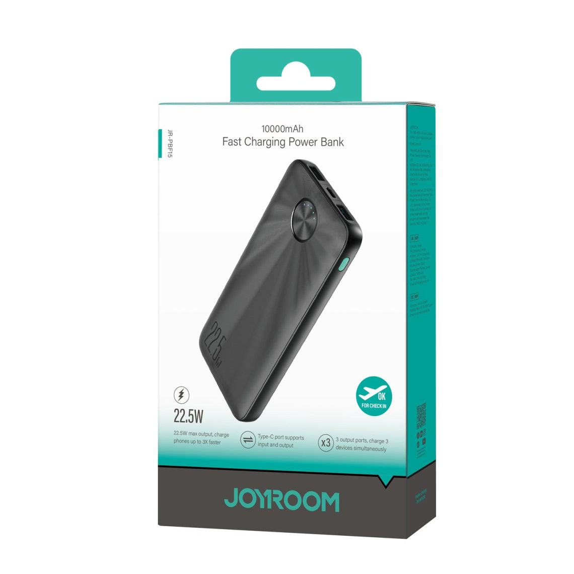 Joyroom - Baterie externa, 2xUSB-A, 1xUSB-C, PD 22.5W, 10.000 mAh, Black
