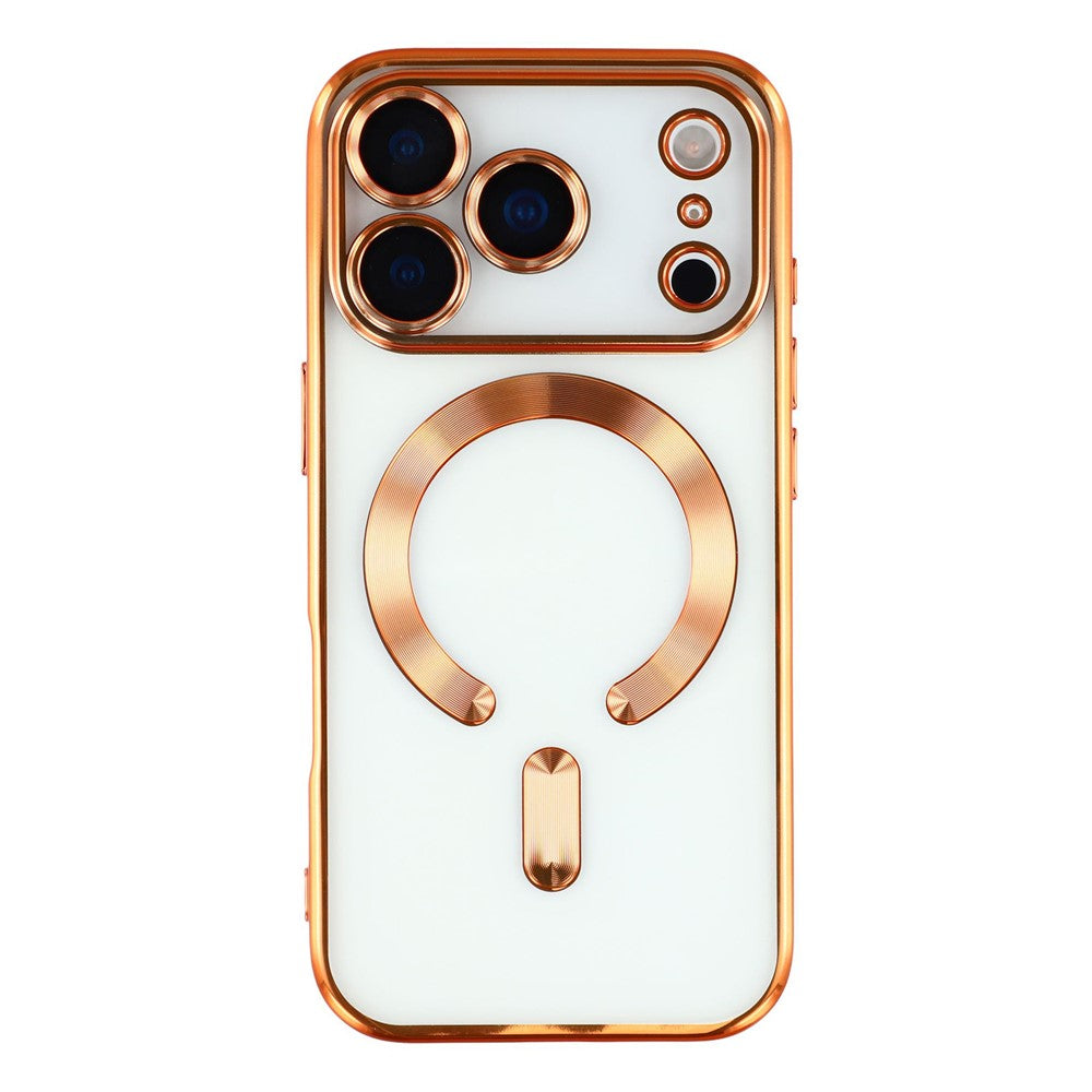 Husa iPhone 17 Pro, cu MagSafe, ElectroPlated, tranparenta, rama ORANGE