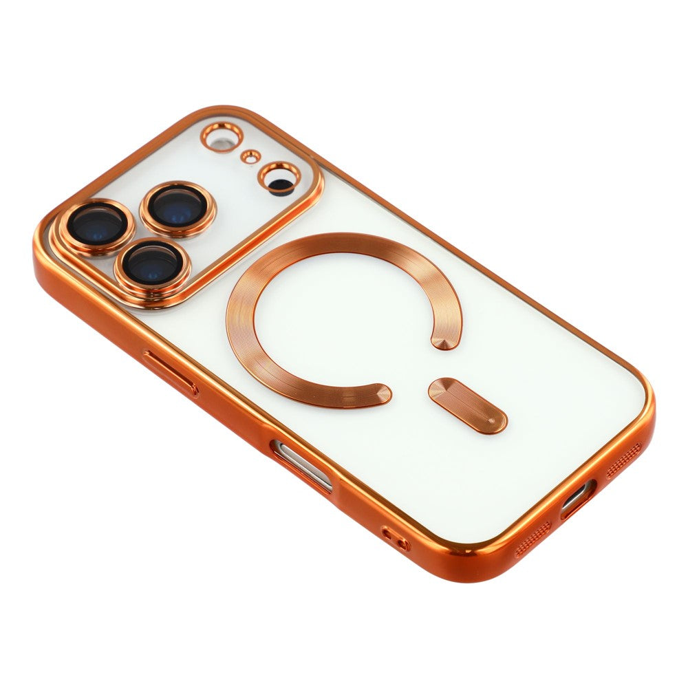 Husa iPhone 17 Pro, cu MagSafe, ElectroPlated, tranparenta, rama ORANGE