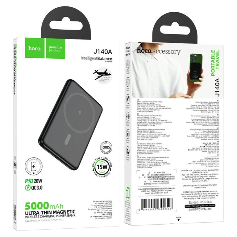 Baterie Externa, Hoco 5.000mAh, Incarcare MagSafe, Slim, PD20W, Black