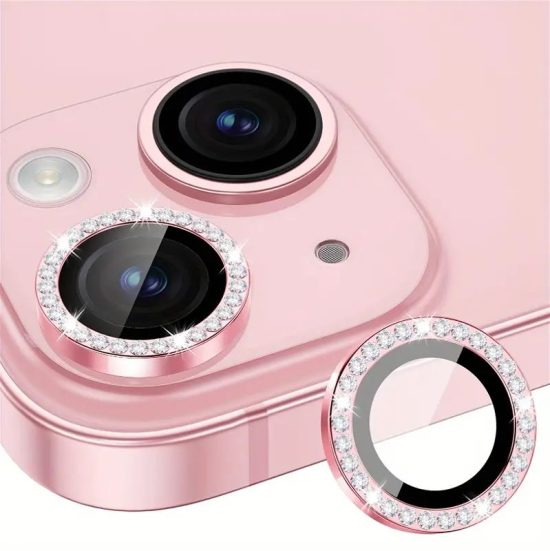 Protecție Camere Individuale iPhone 13 din Sticlă cu Diamante Roz