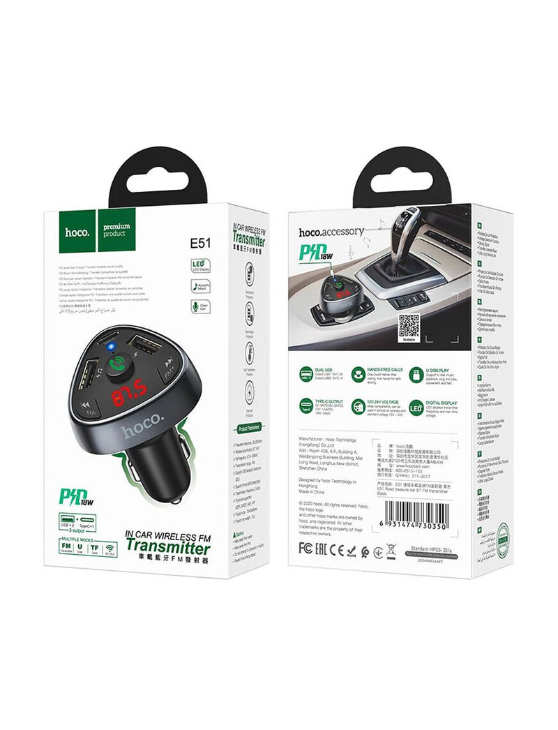 HOCO (E51) | Modulator FM, Bluetooth, 2 x USB-A, 1 x USB-C | BLACK - mag-genius-accesorii