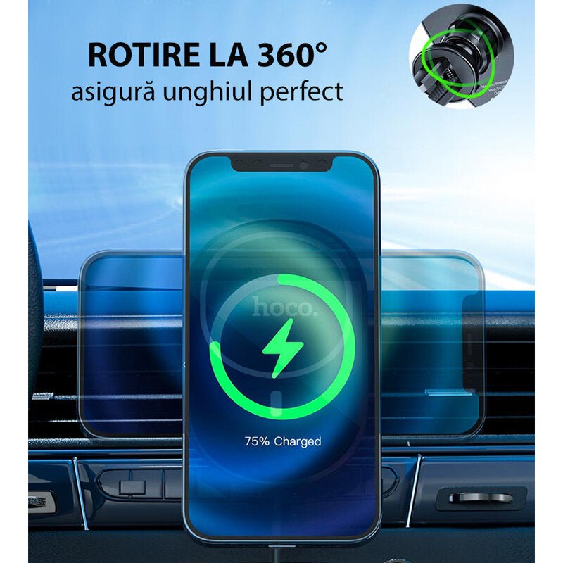 Suport telefon auto Hoco CA90, incarcare MagSafe,15 W Fast Charge grila ventilatie, negru - mag-genius-accesorii