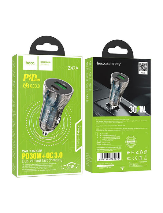 Incarcator auto, USB-C PD 30W, USB-A 18W | BLACK Transparent - mag-genius-accesorii