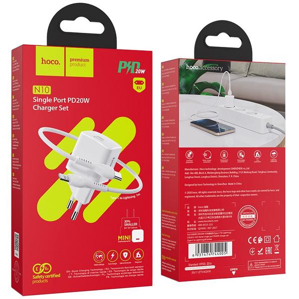 Incarcator Retea cu cablu Lightning HOCO N10, Quick Charge, 20W, 1 X USB Tip-C, Alb